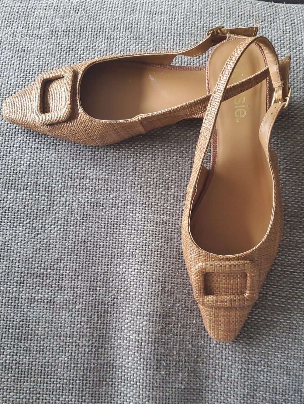 Kenzie Tan Raffia Pointed-Toe Slingback Flats with Buckle Accent